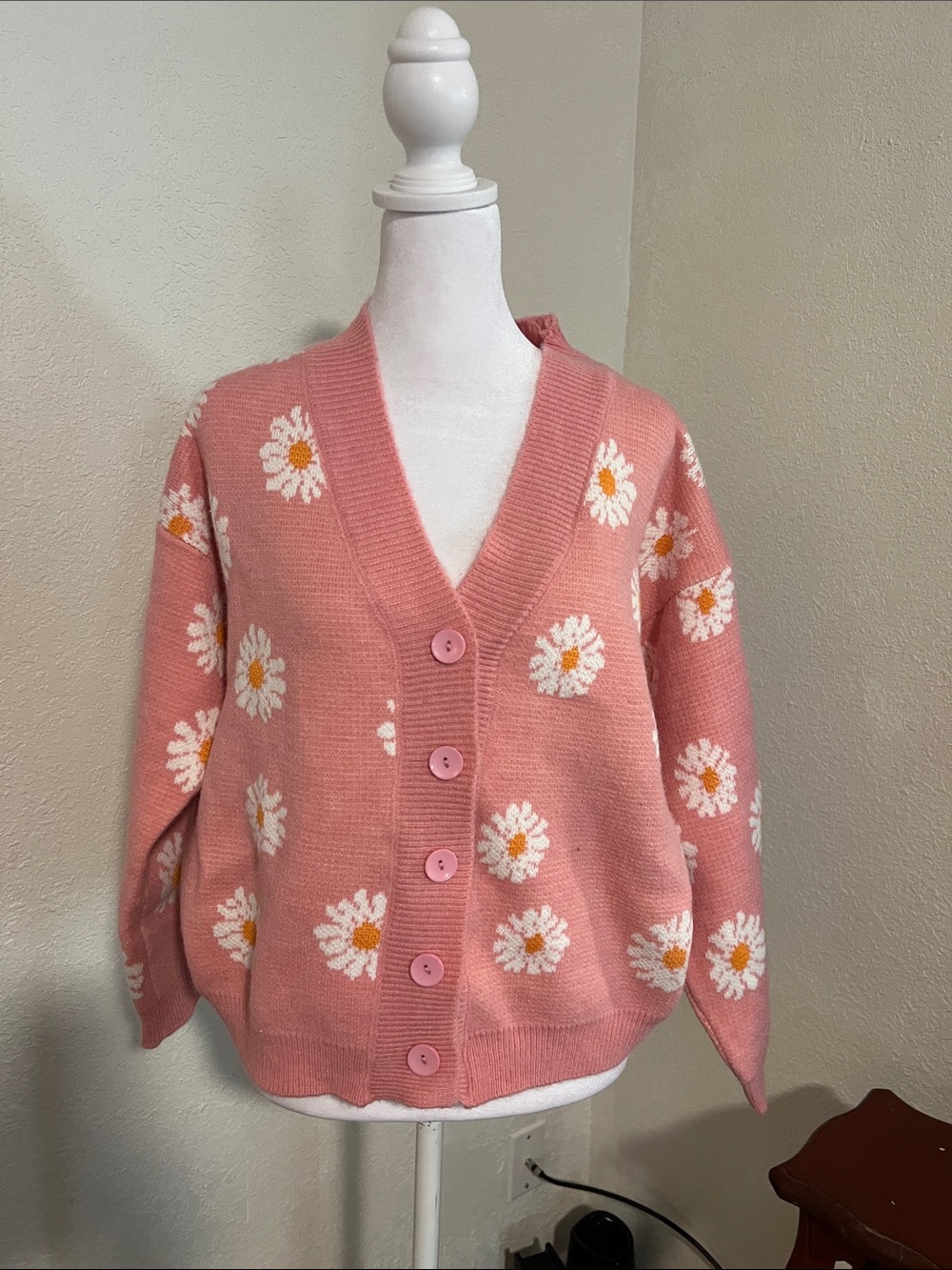 Soft Pink Daisy Button-Up Women's Cardigan